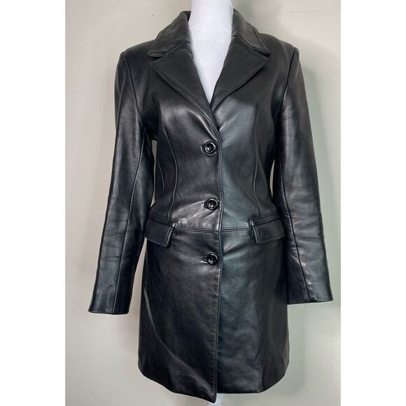 Oscar Leopold Jackets & Blazers - Vintage Oscar Leopold Black Cuir 100% Lambskin Leather Long Jacket Size Small